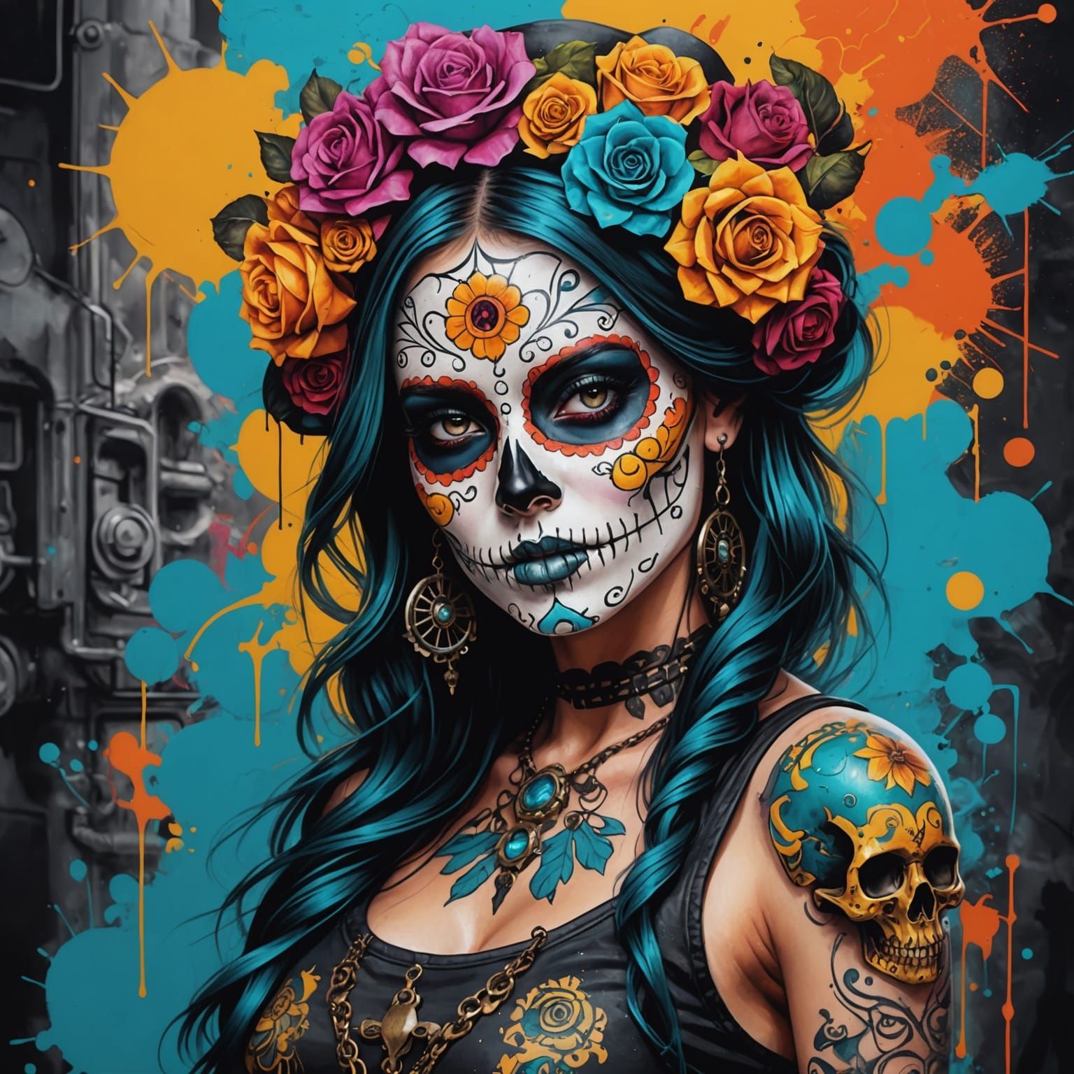 Sugar Skull Steampunk Girl in Graffiti Art Style