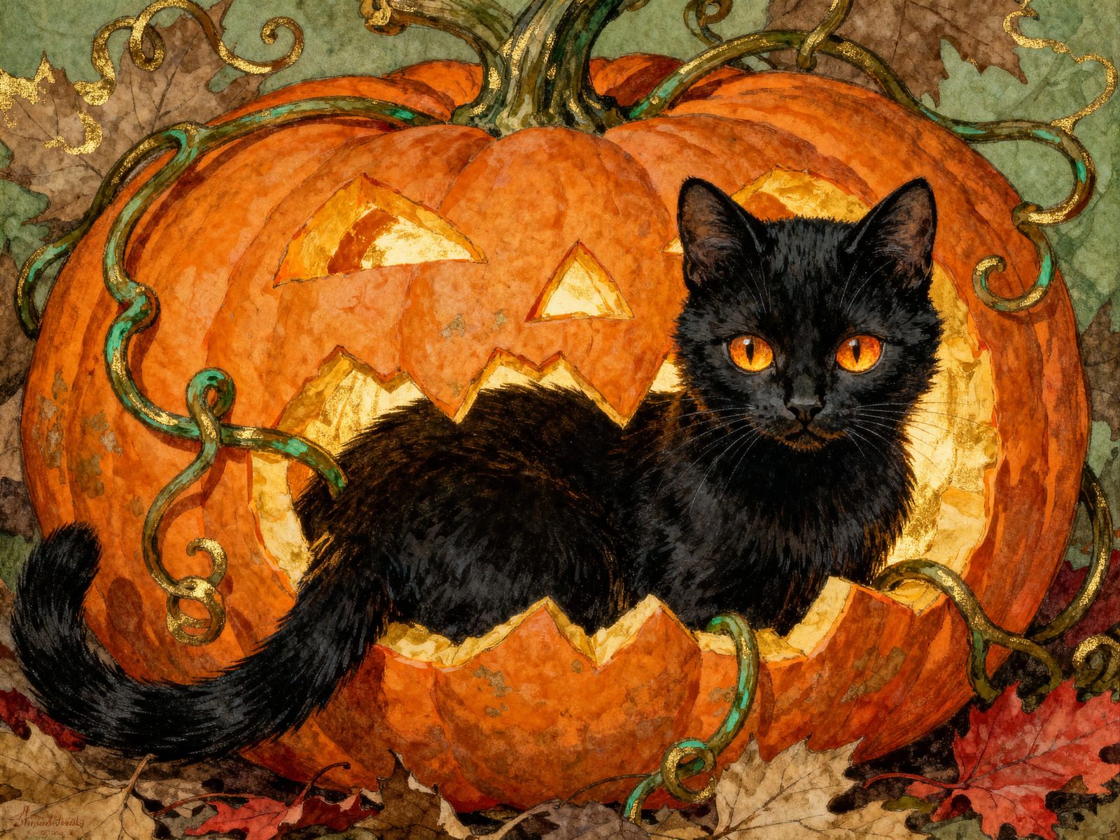 Whimsical Black Cat in Halloween Jack-o-Lantern