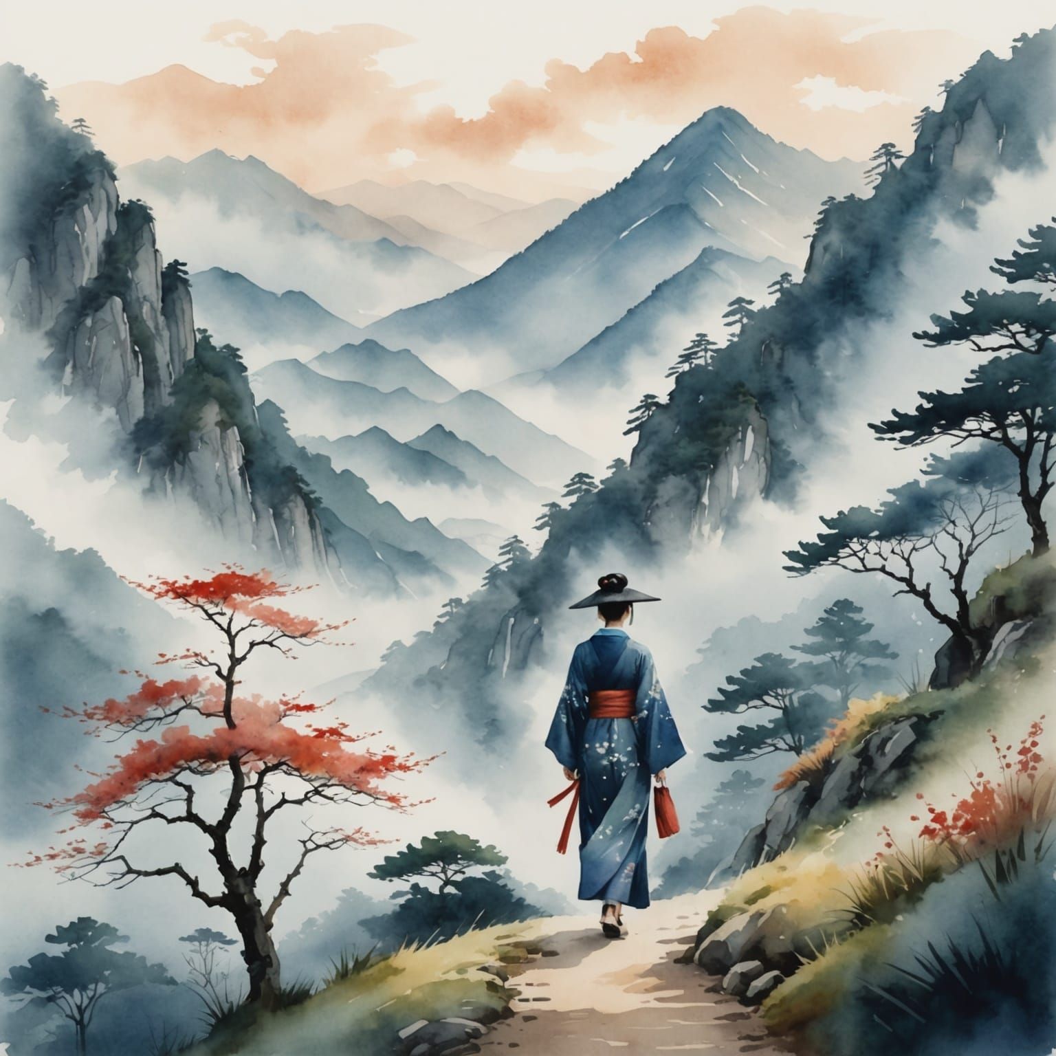 Woman in Kimono Walks into Foggy Mountains