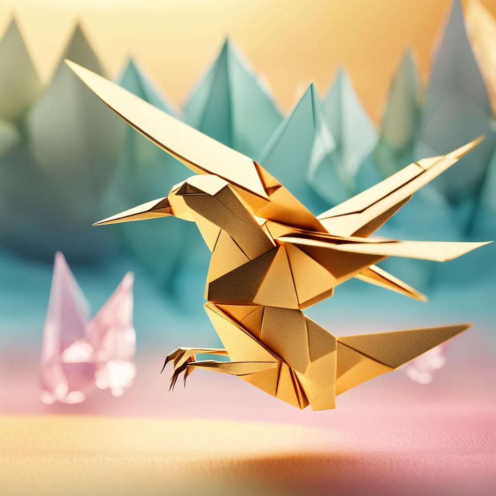 Golden Origami Bird Above Crystal Lake