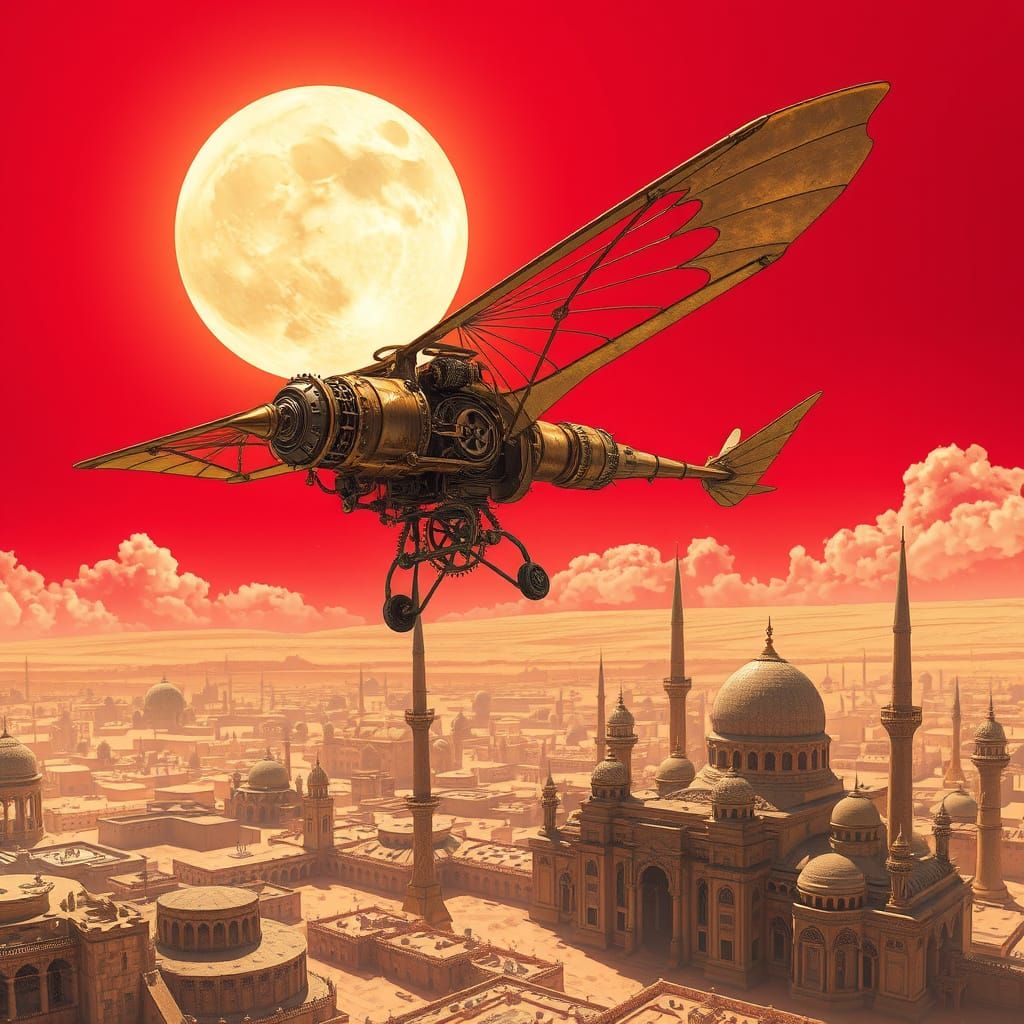 Steampunk Ornithopter Soaring Over Desert City