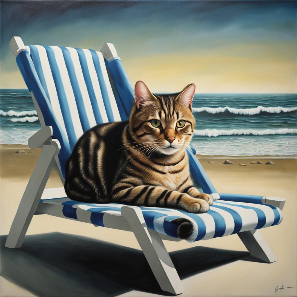 Tabby Cat Lounging on Beach Chair in Photorealistic Style