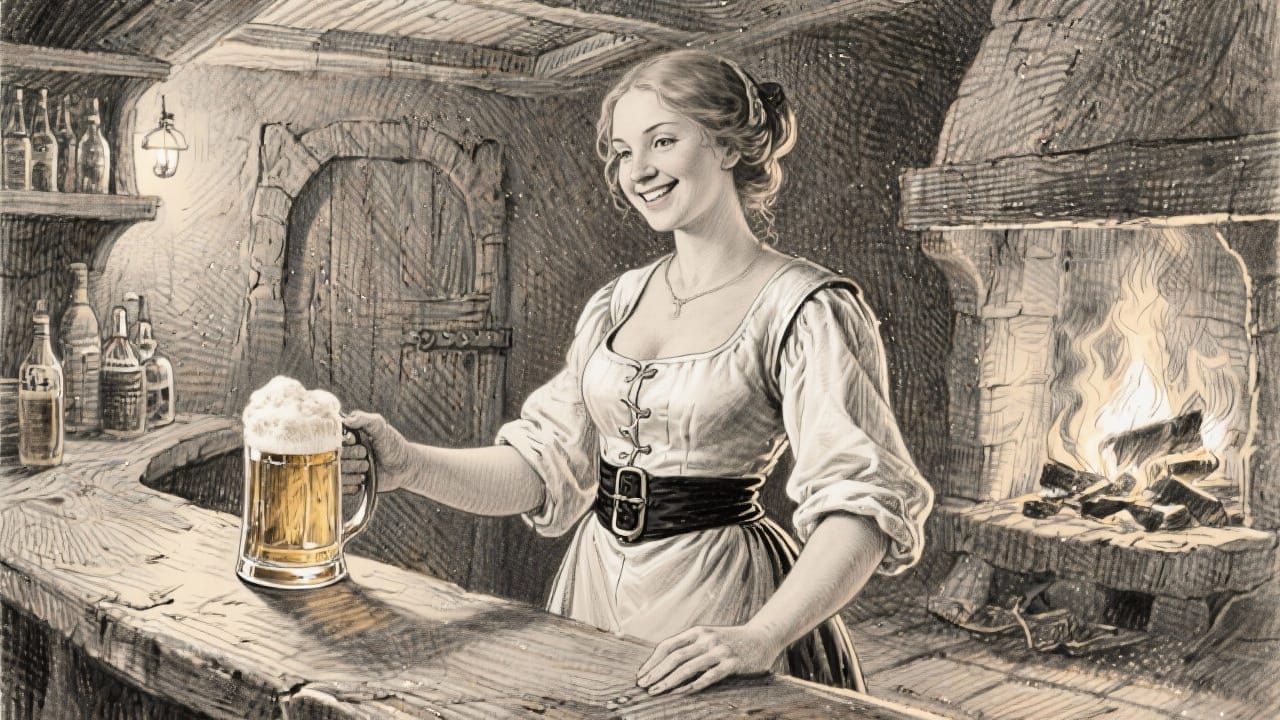 Pencil Drawing Barmaid Serving Beer in Medieval Tavern