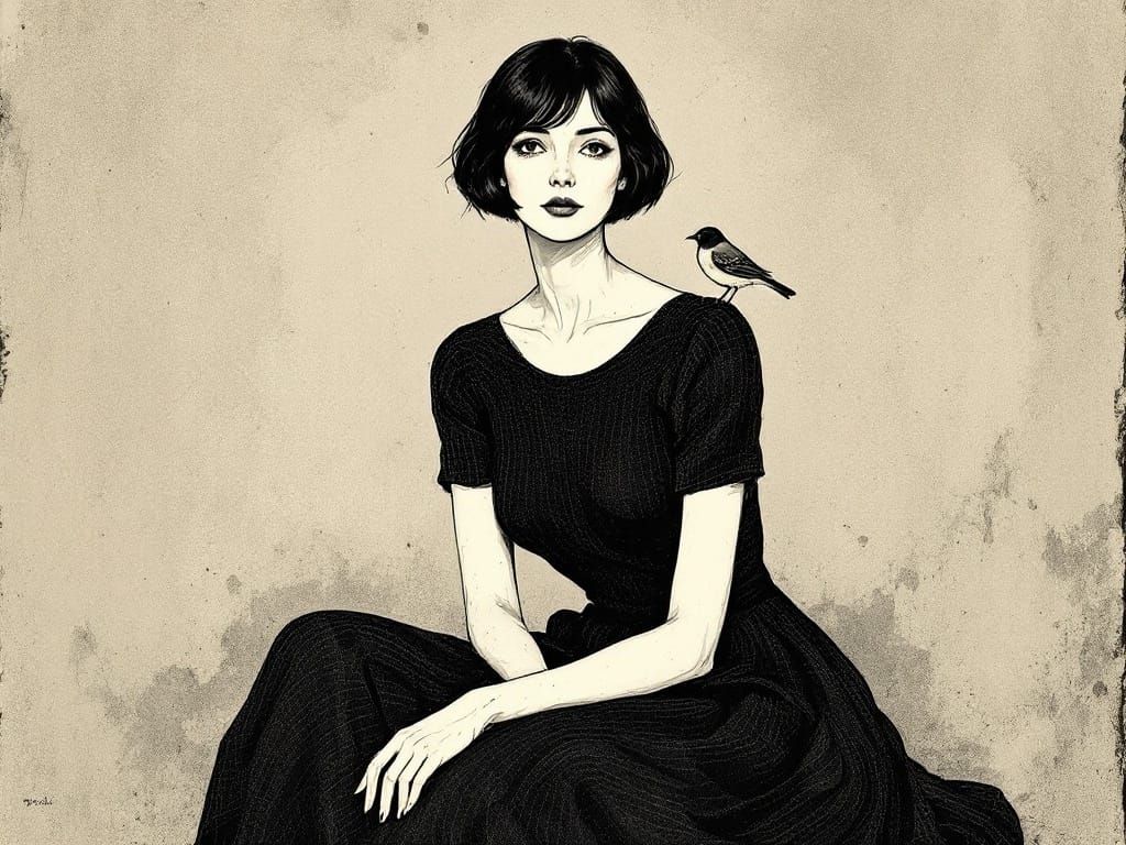 Elegant Woman with Bird, in Art Nouveau Style