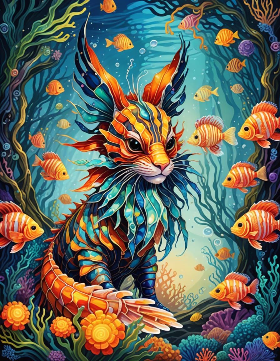 Mysterious Sea Folk Character in Stained Glass Art Style