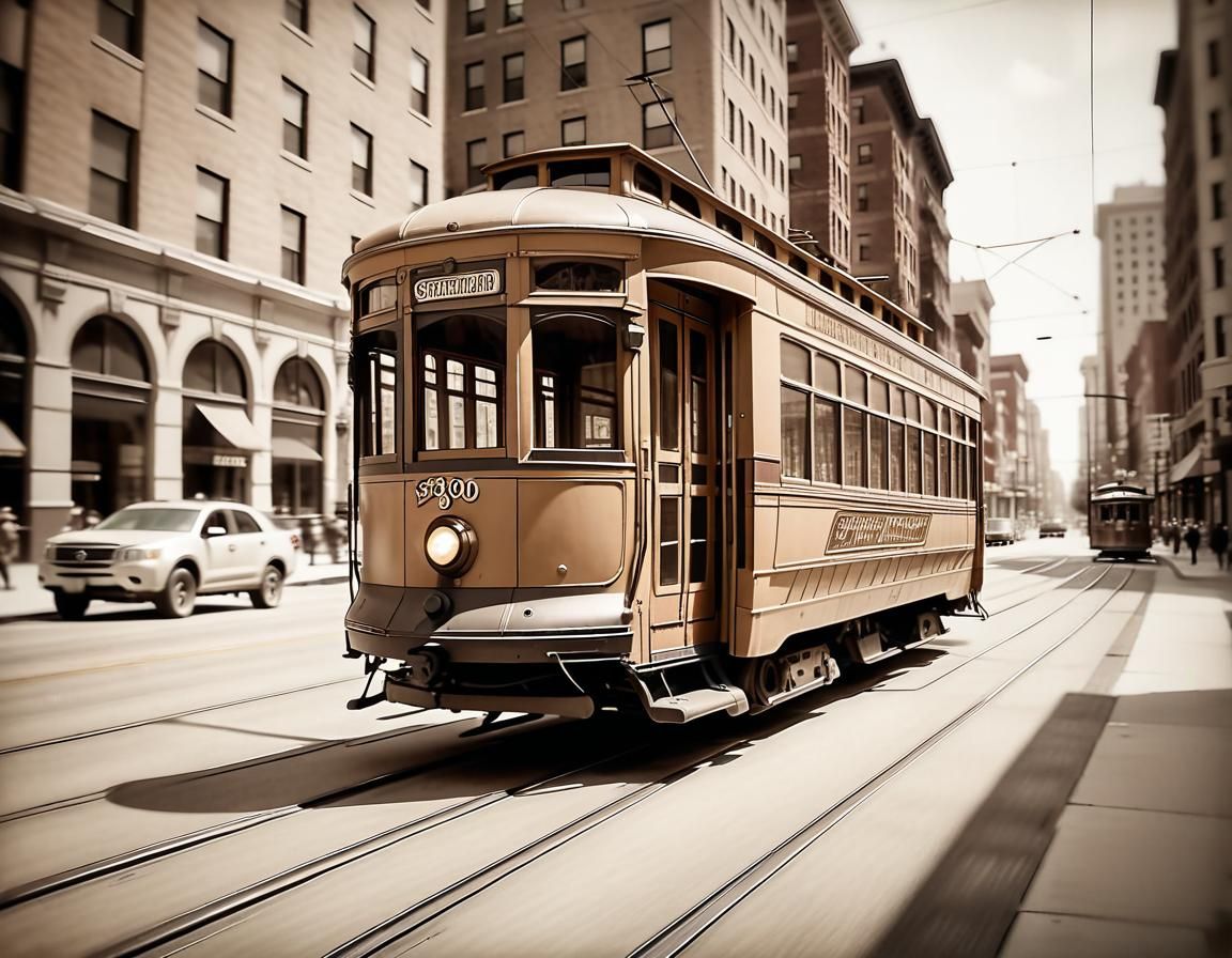 Vintage Streetcar in Downtown Sepia Pencil Sketch