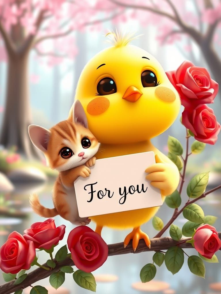 Cute Chick and Kitten with Roses: 3D Cartoon Style