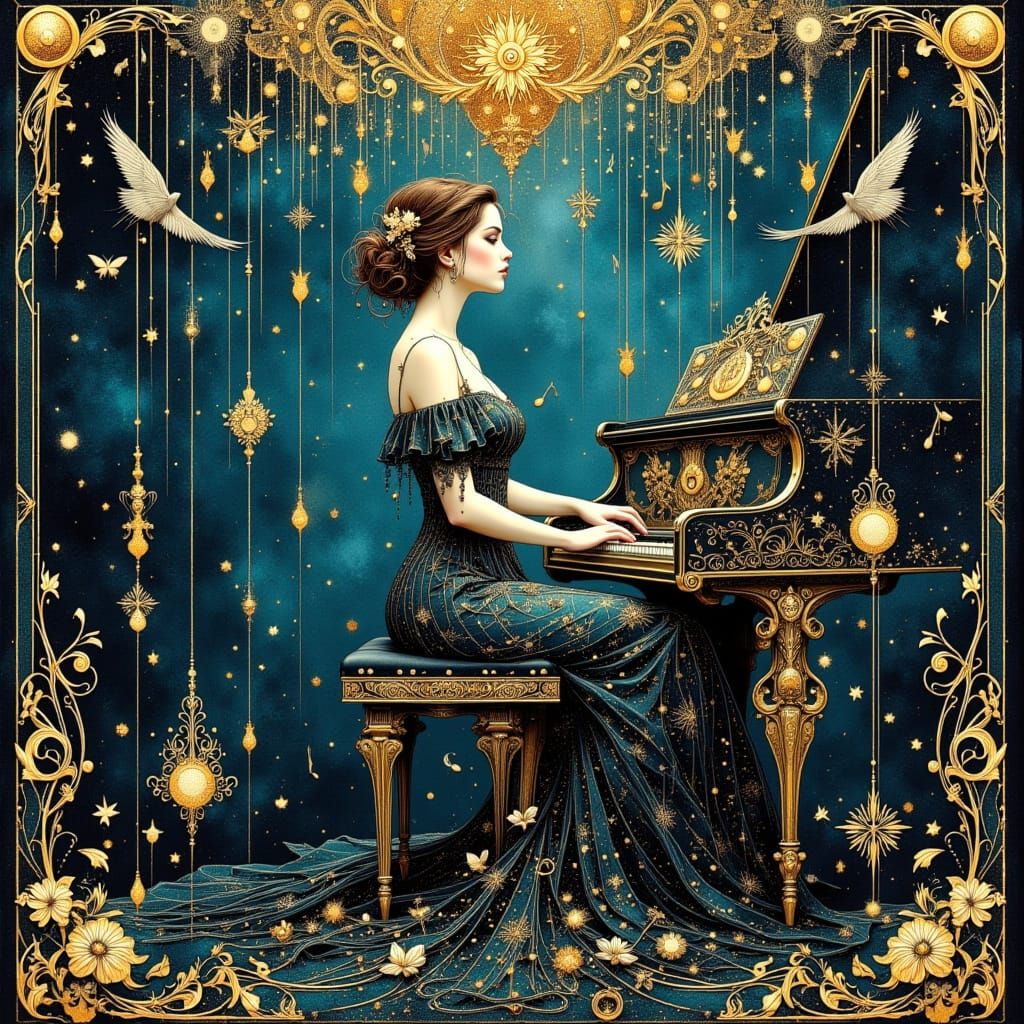 Art Nouveau Piano Player in Opulent Setting