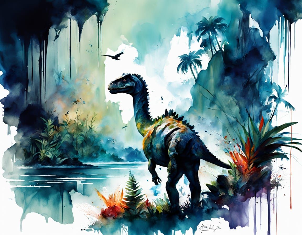 Jurassic Dinosaur in Prehistoric Landscape, Watercolour Styl...
