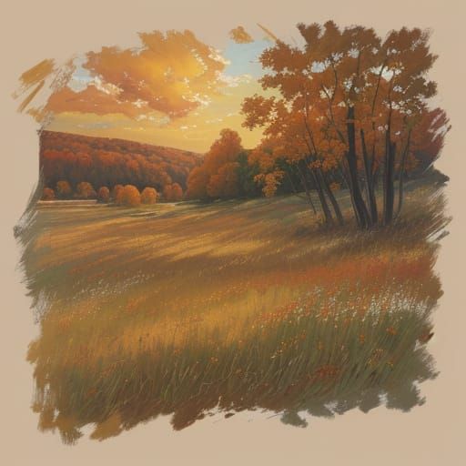 Autumn Meadow Oil Painting With Rich Impasto Texture