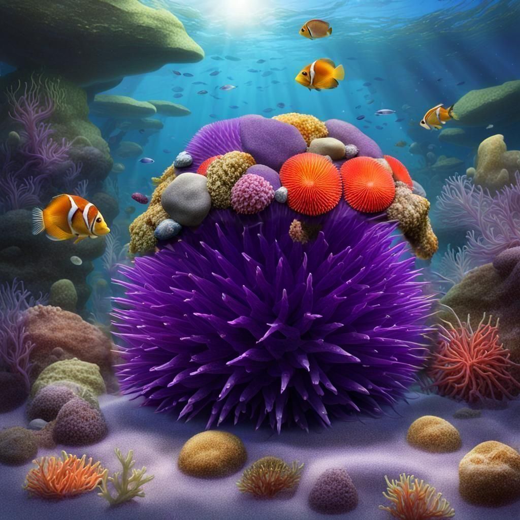 The comical Purple Sea Urchin collects a “hat” of shells and...