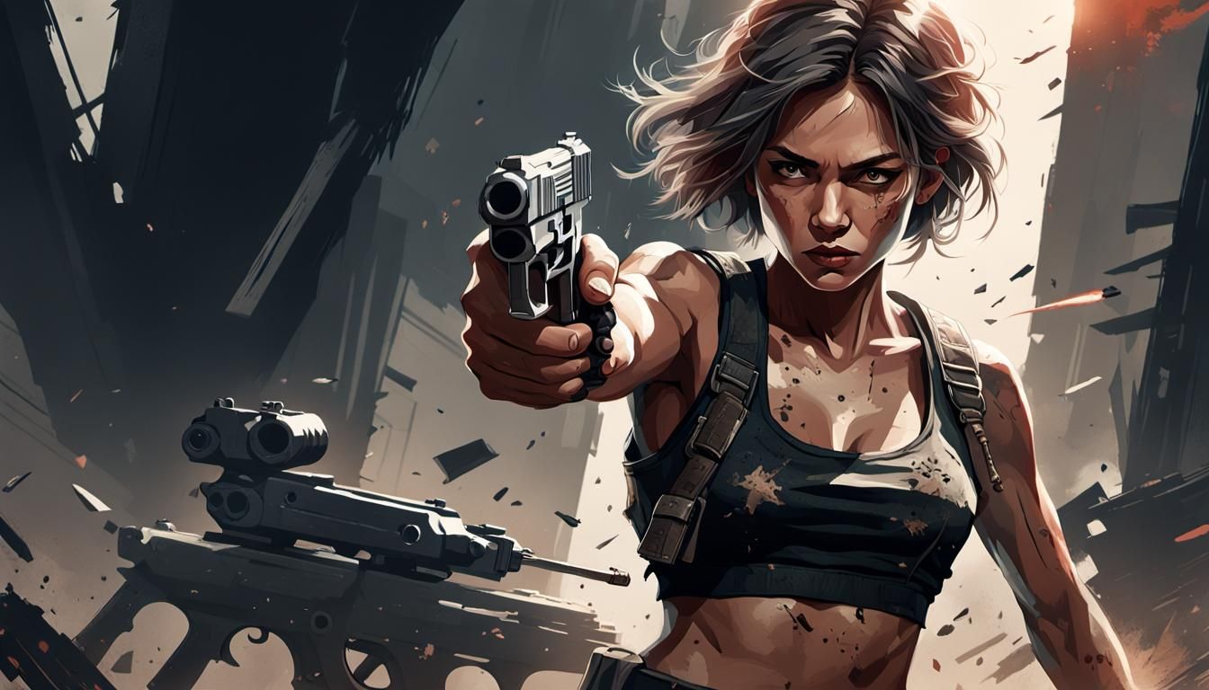 Heroic Woman with Pistol: Cinematic Digital Art