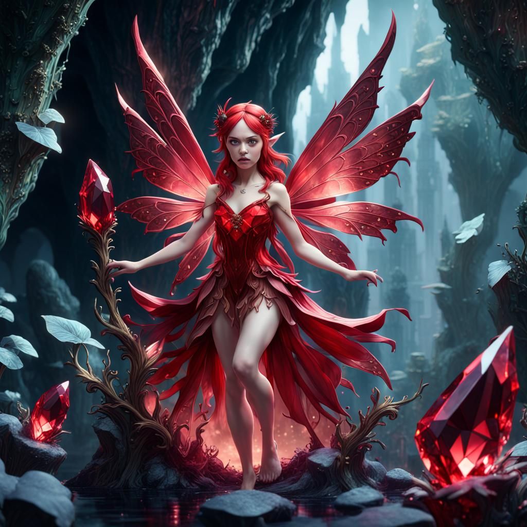 Fantastical Red Crystal Fairy in Detailed Matte Painting