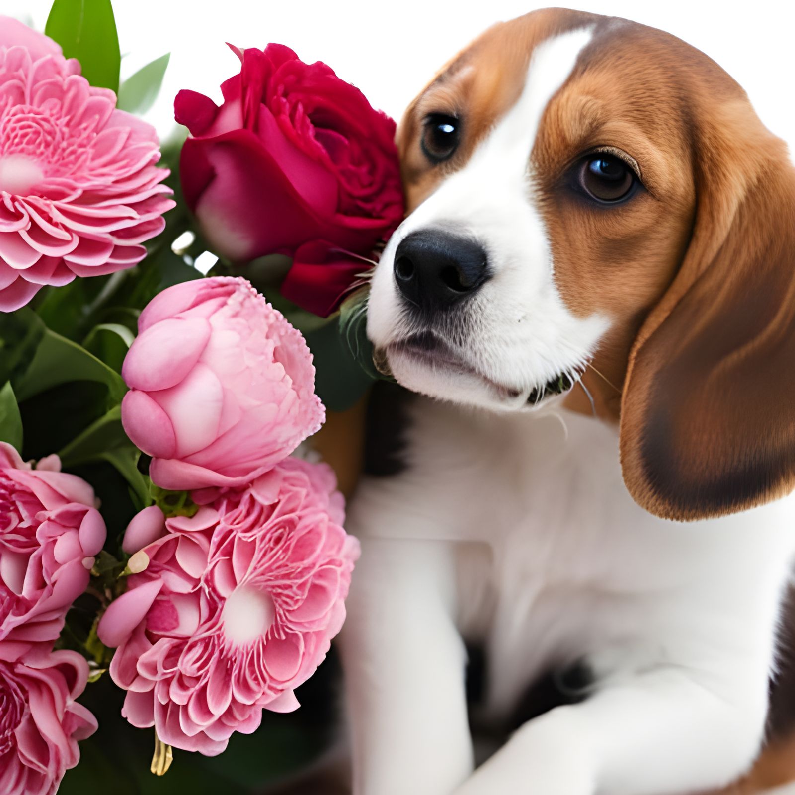 Beagle Puppy Offers Kitten a Flower Bouquet
