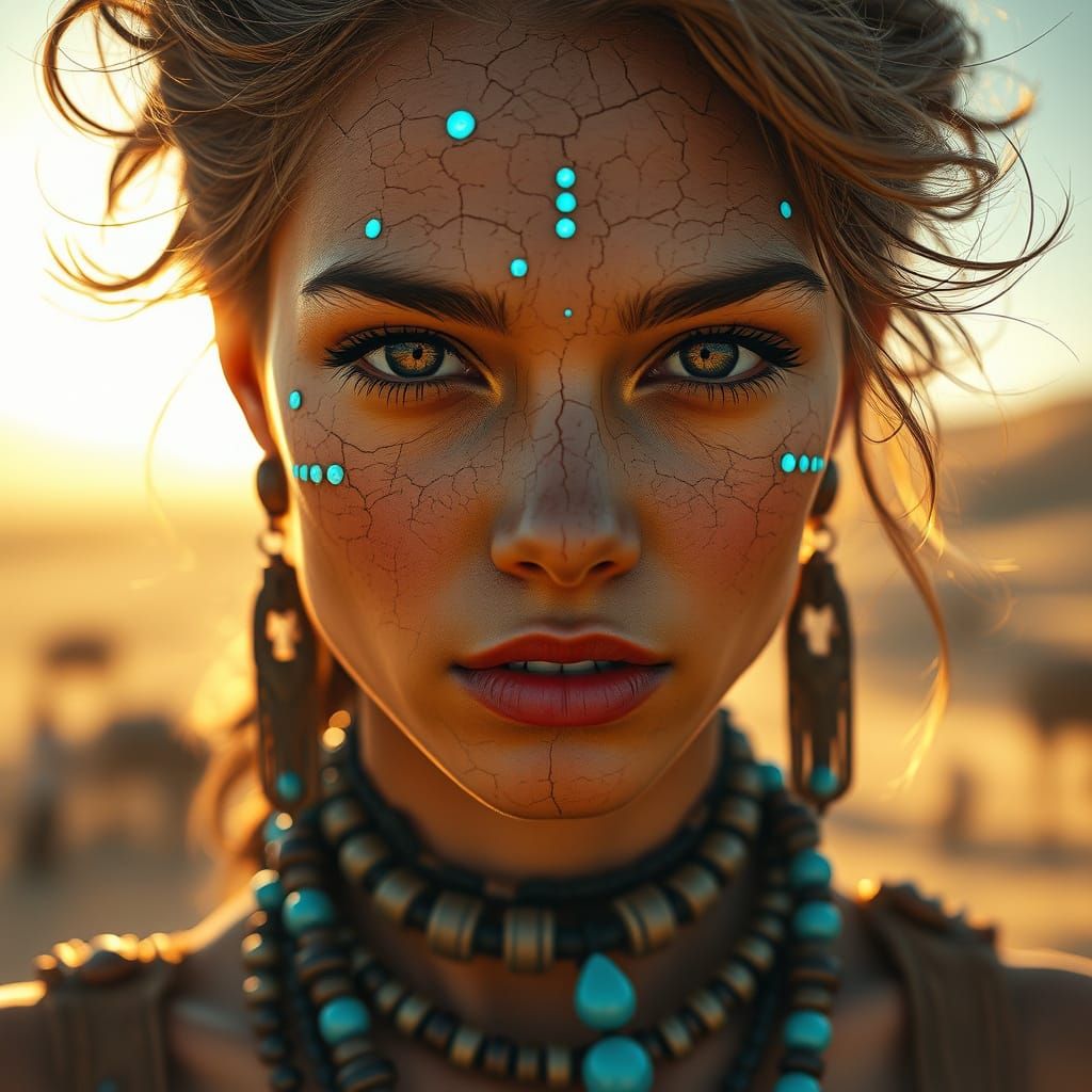 Futuristic Copper Goddess with Turquoise Pearls and Blue Glo...