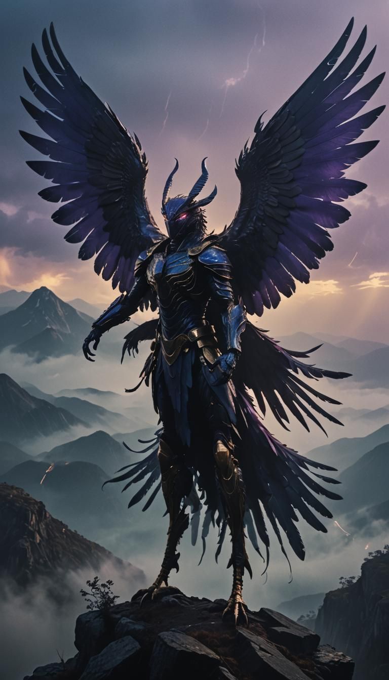 Dramatic Night Wings Creature on Misty Peak