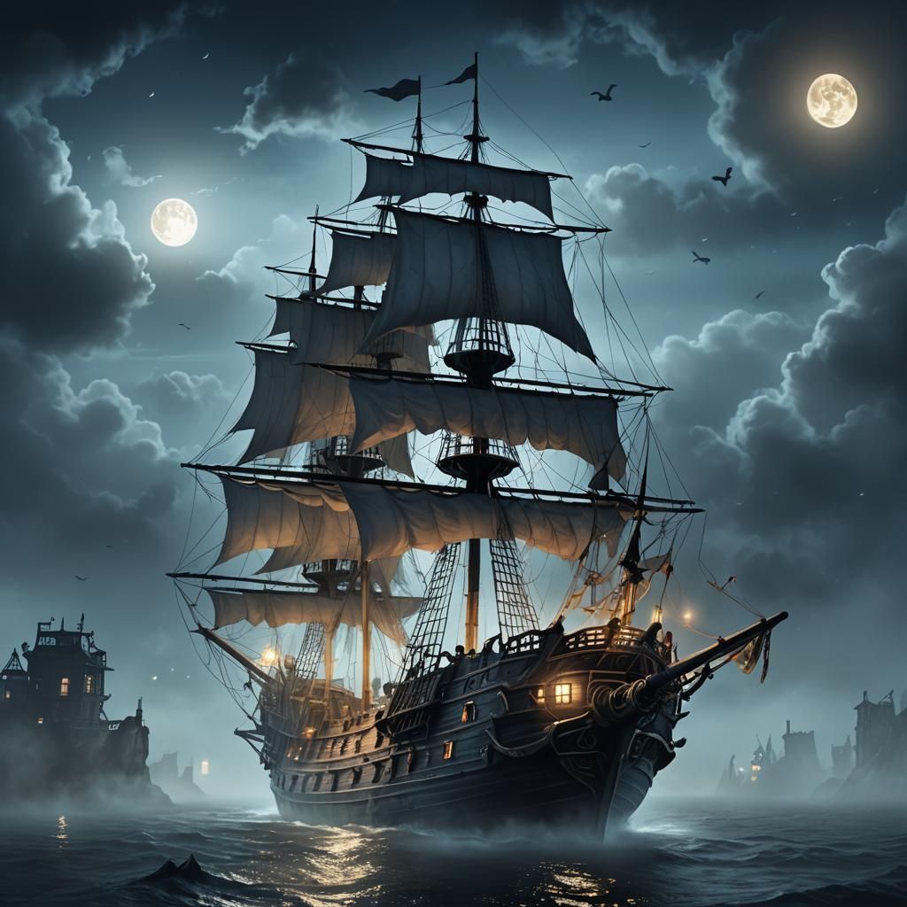 Ghostly Pirate Ship in Dark Fantasy Illustration