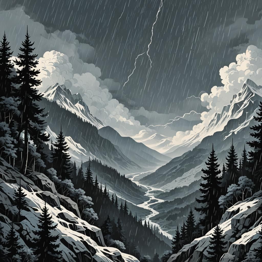 Stormy Mountain Forest in Minimalist Vector Art