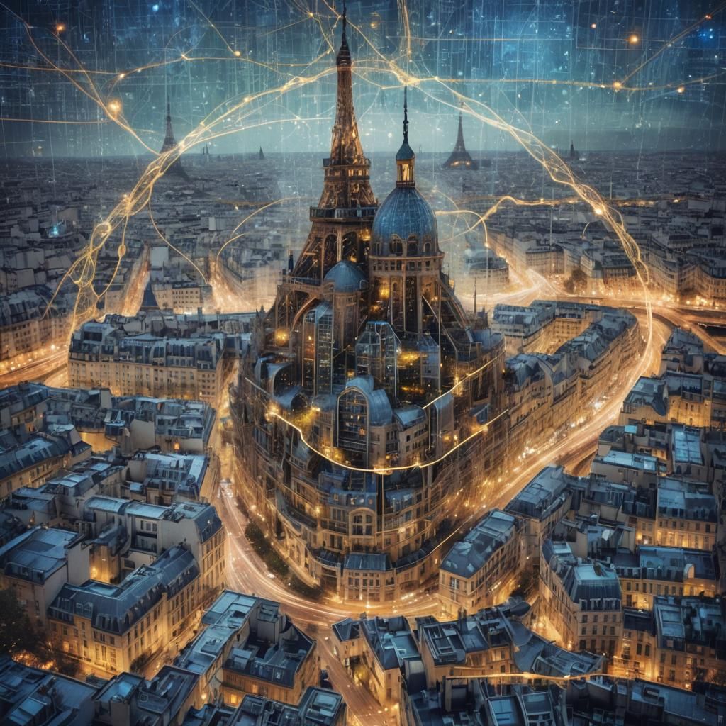 Surreal Paris Cityscape with Quantum Elements