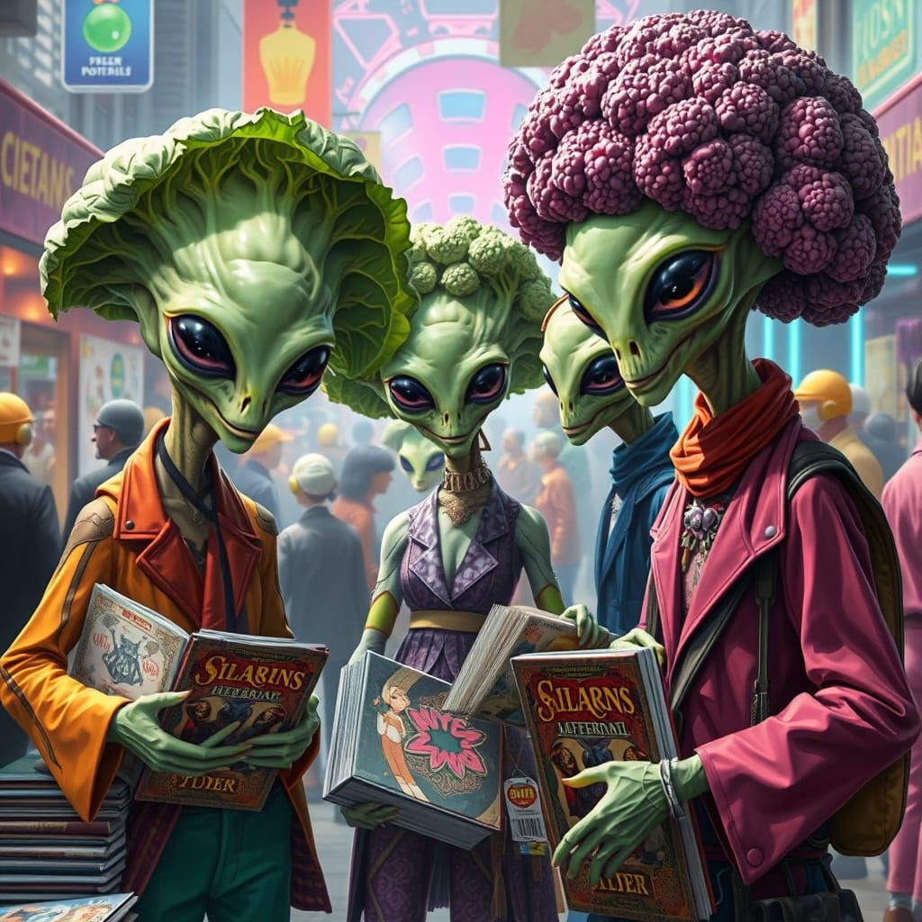 Sci-Fi Fair with Cabbage-Headed Aliens in Neon Style