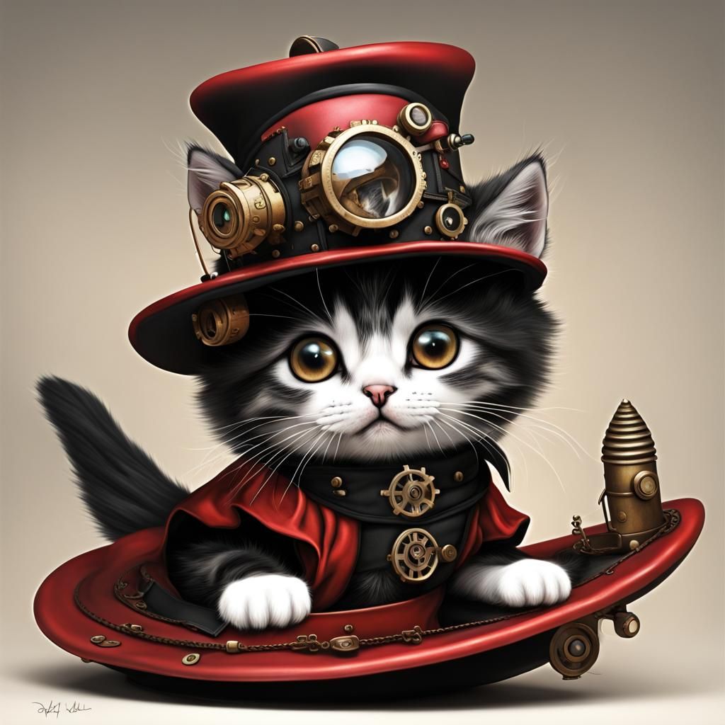 Steampunk Witch Kitten in 3D Optical Illusion