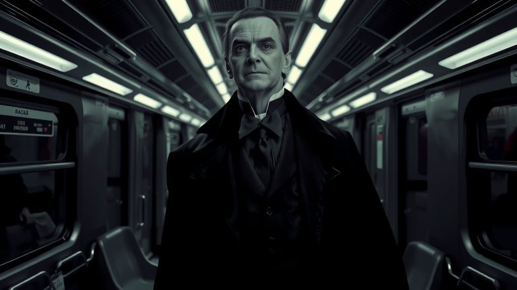 Nosferatu Dracula Emerges from Modern Train Shadows