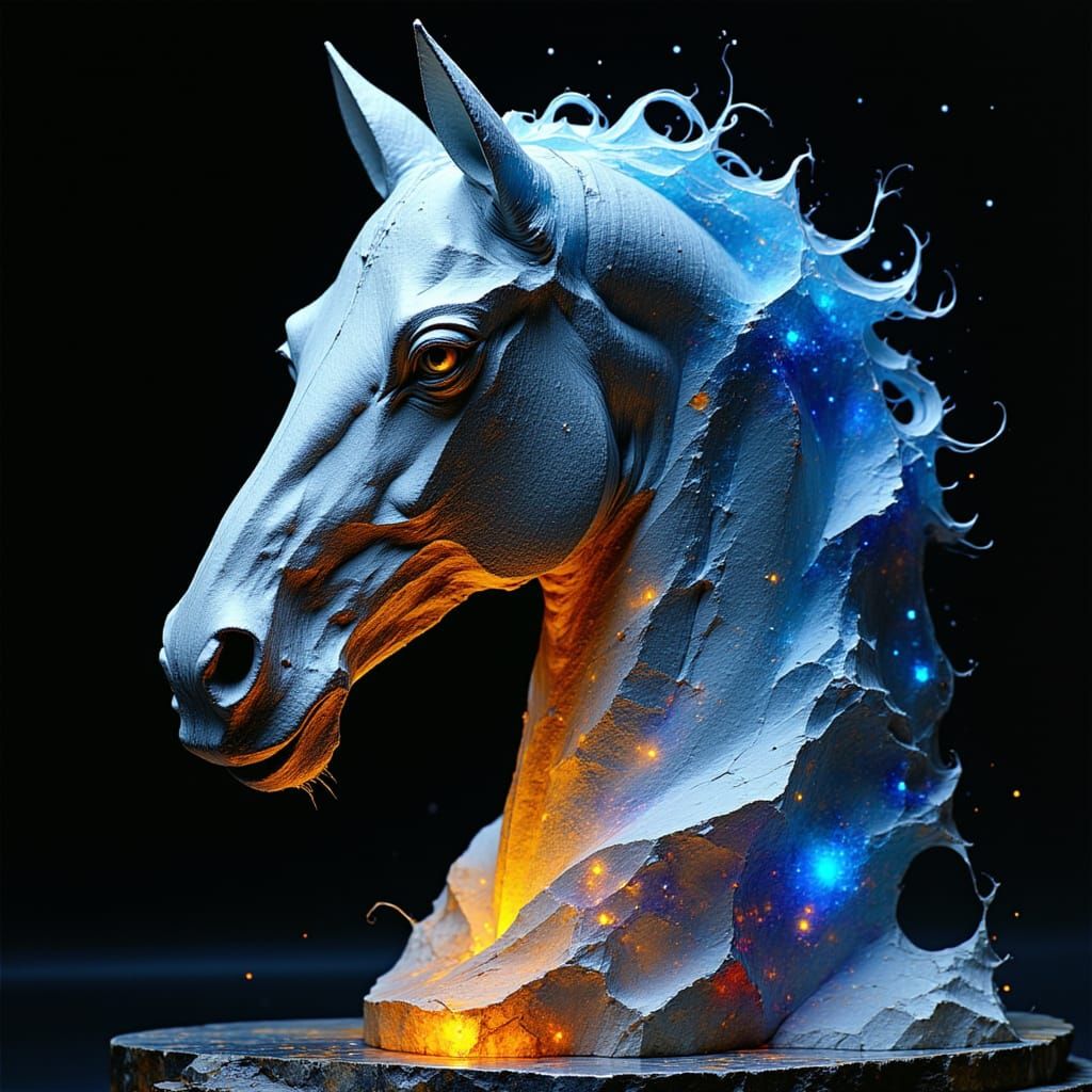 Double Exposure Marble Horse Bust With Luminous Veins