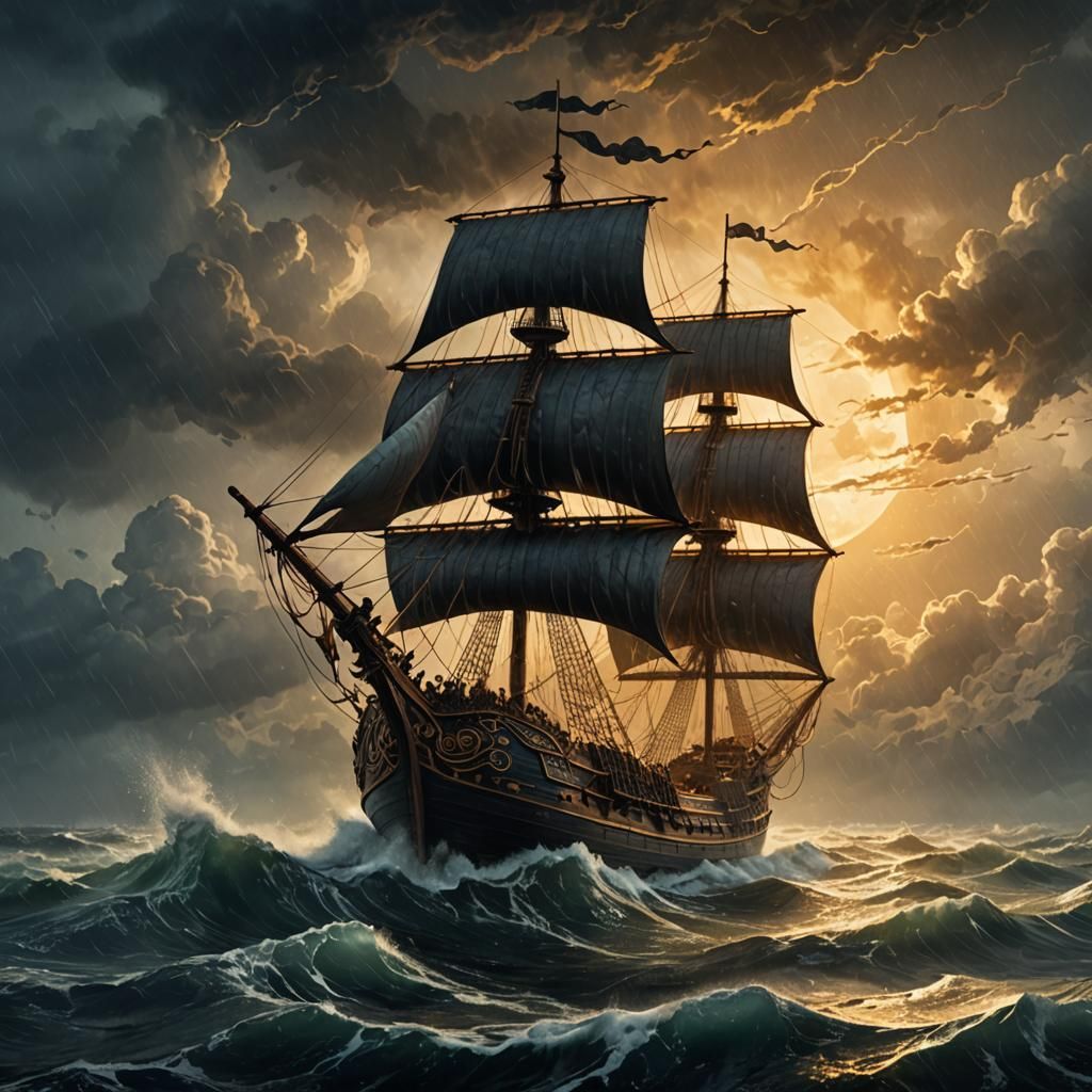Viking Ship on Stormy Sea: Dark Fantasy Art