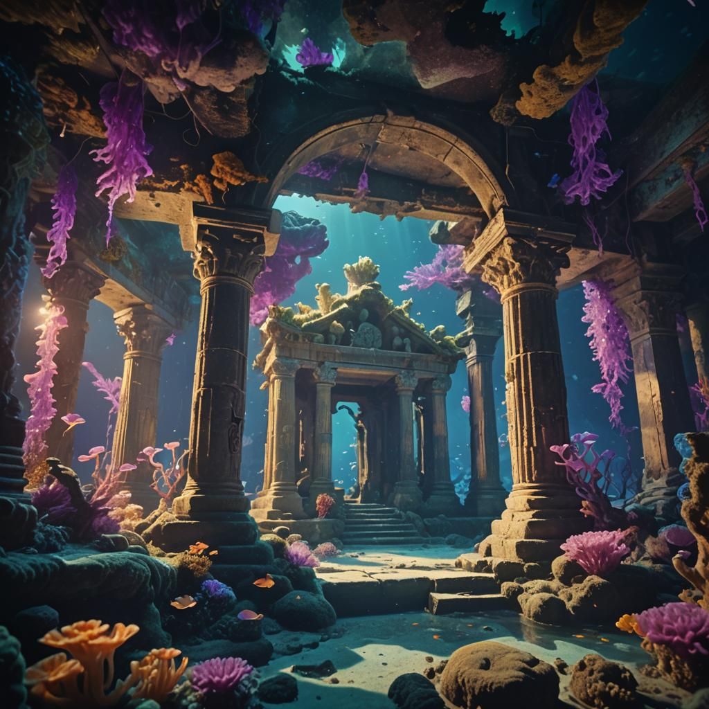 Underwater Temple with Bioluminescent Coral