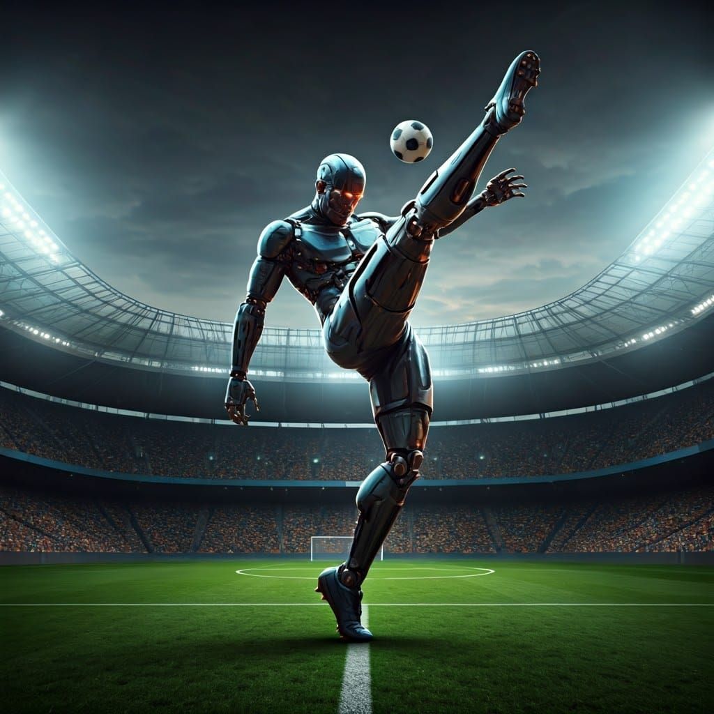 Cyborg Soccer Player Bicycle Kick in Cyberpunk Stadium