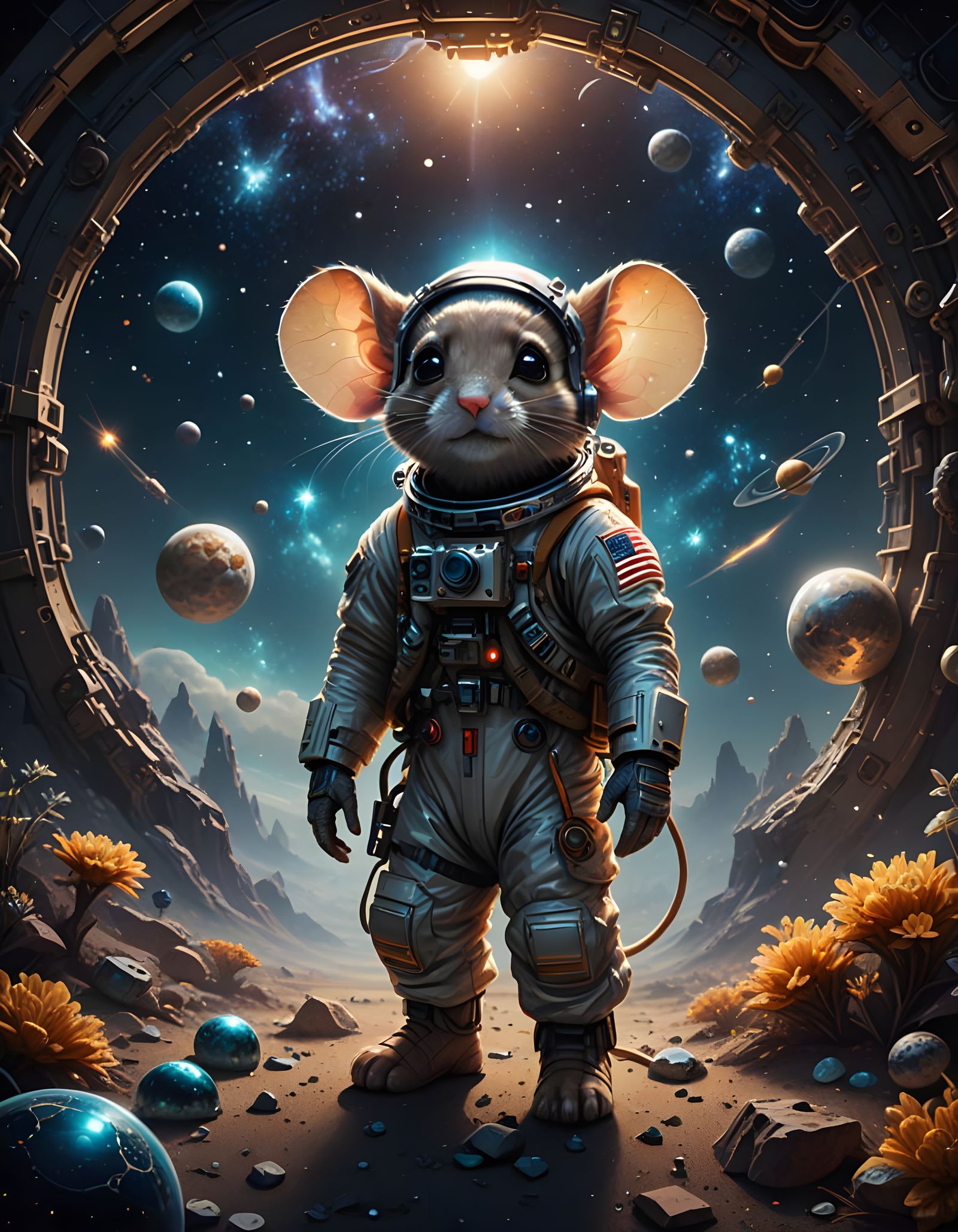 Cute Baby Space Mouse in Ethereal Cosmic Scene