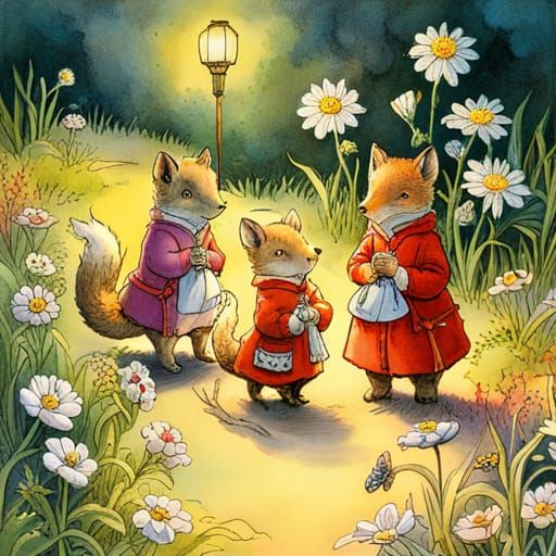Foxes with Lanterns in Wildflower Meadow, Detailed Illustrat...