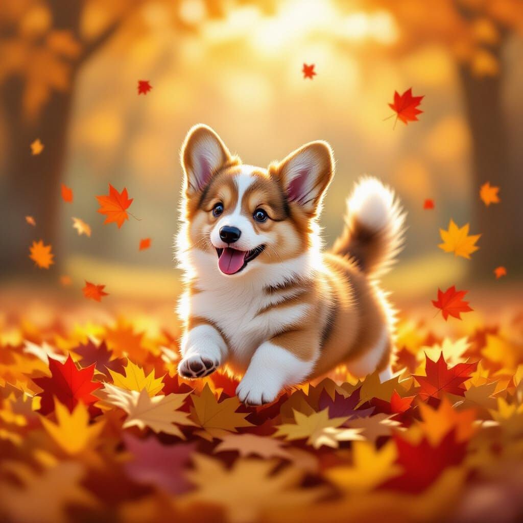 Fluffy Corgi Puppy Leaping Into Autumn Leaves