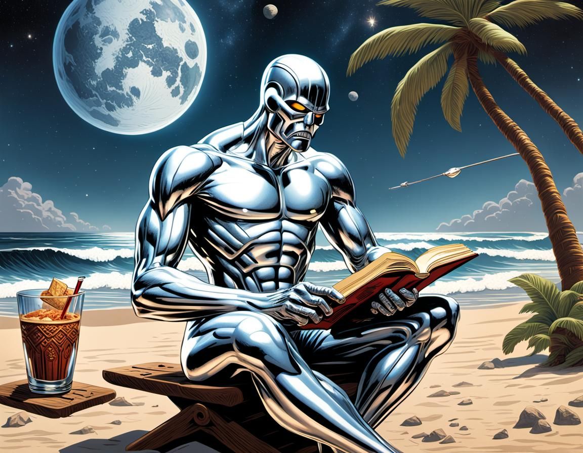Silver Surfer Reading a Book with a Tiki Drink on the Beach III