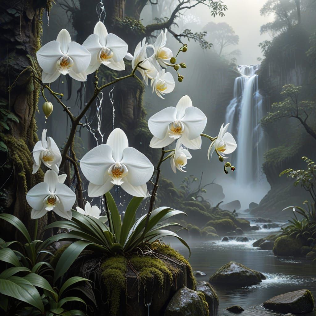 Ghost White Orchid Landscape with Waterfalls
