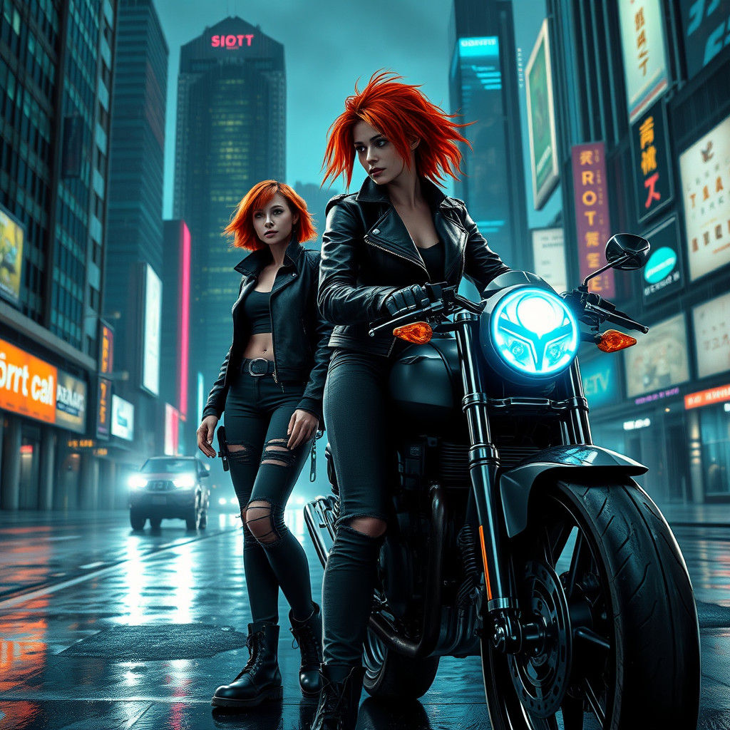 Cyberpunk City: Red-Haired Protagonist Meets Cyborg