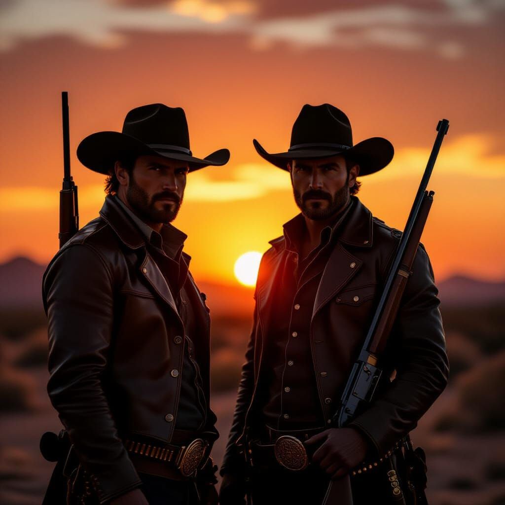 Silhouetted Figures in Desert Sunset: Cinematic Photography