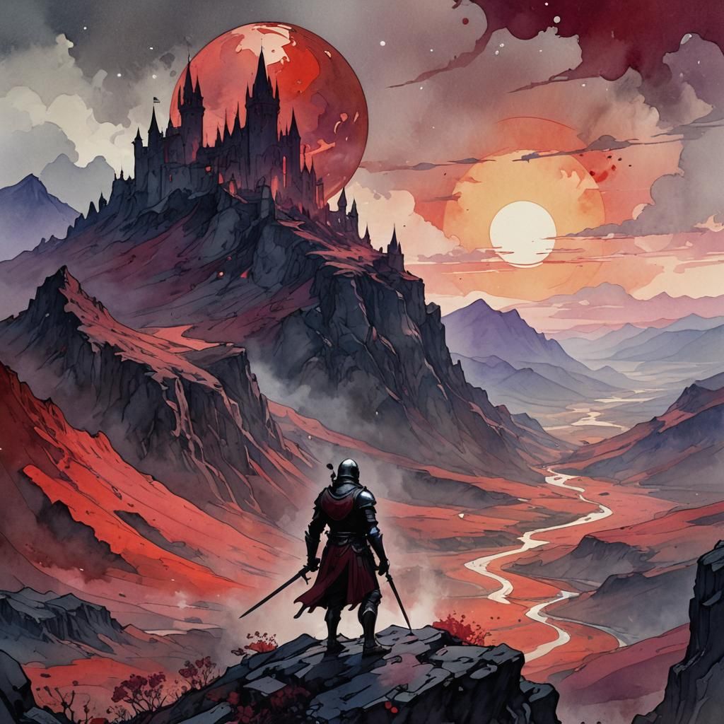 Knight on Red Ridge: Dark Fantasy Watercolor