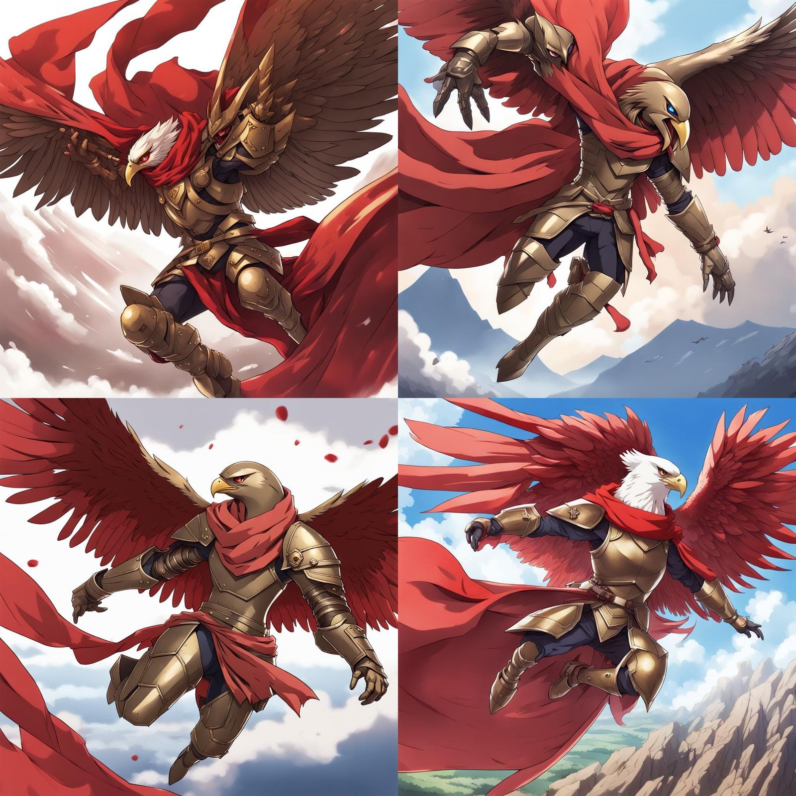 Armored Eagle Soaring with Red Scarf in Anime Style