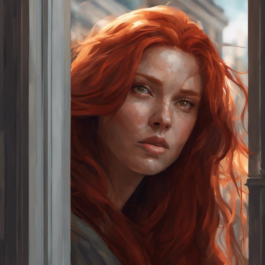 Woman with long red hair and hazel eyes gazing longingly out of a window wide view