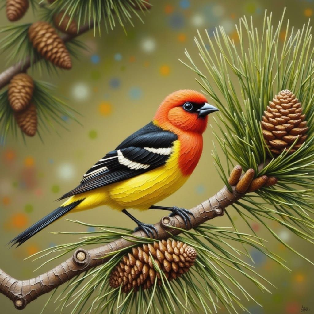 Vibrant Western Tanager Bird as Impasto Painting
