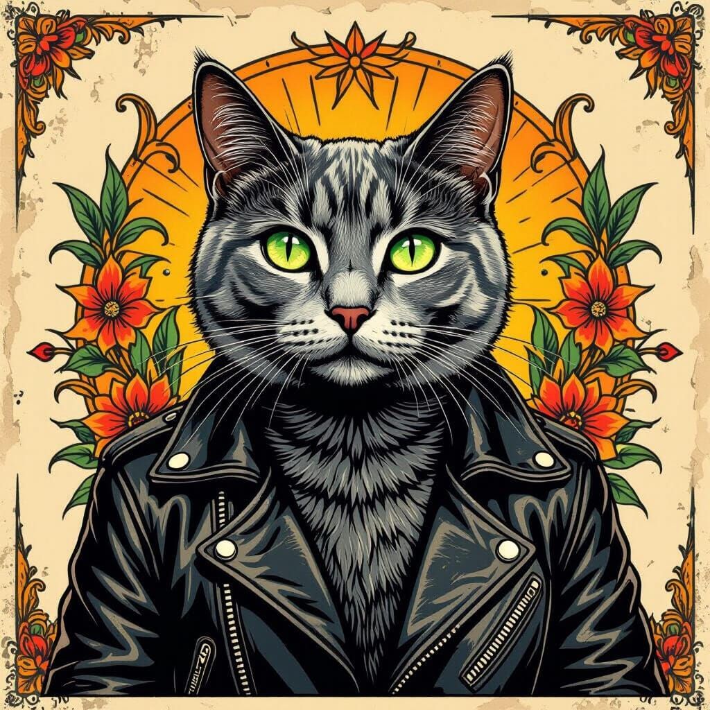 Gray Cat in Leather Jacket Tattoo Art