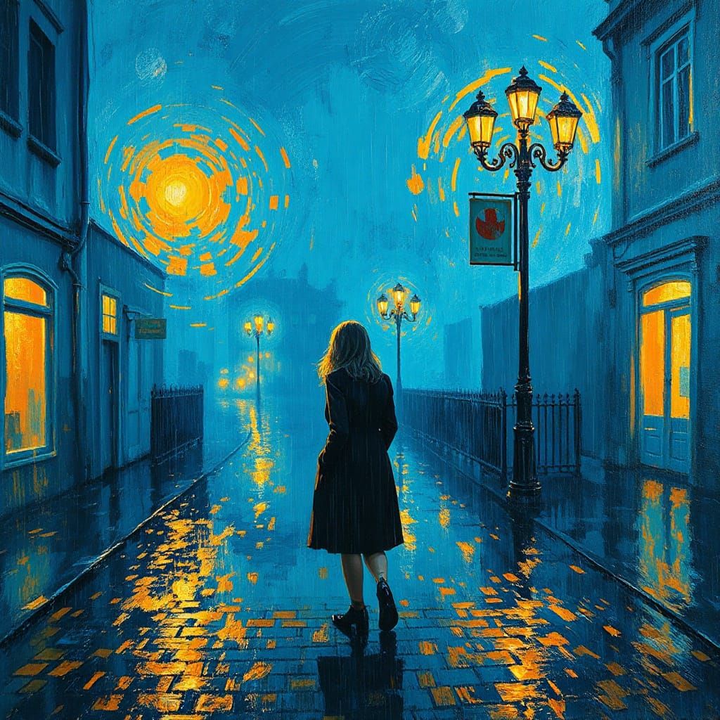 Warm City Night with Rainy Street, Impasto Brushstrokes, and...