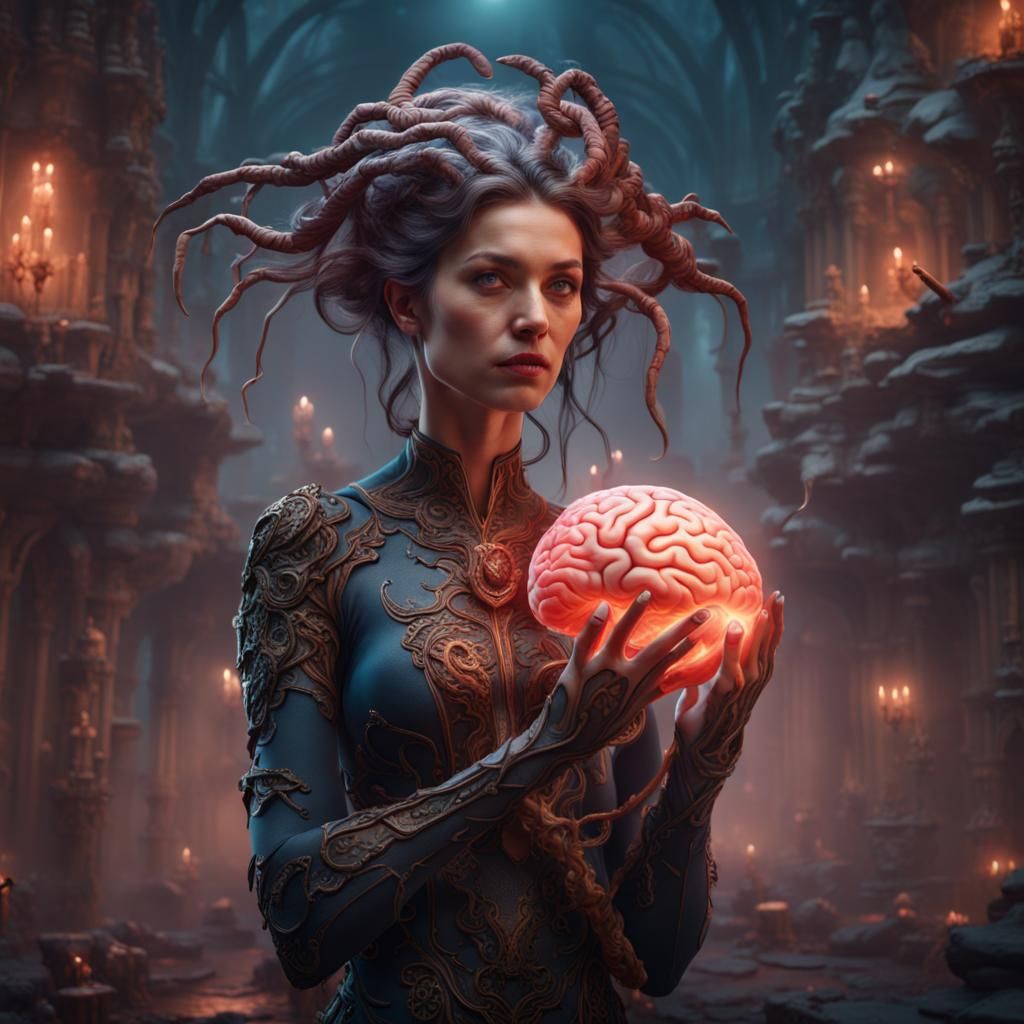 Woman Holds Brain: Detailed Matte Painting