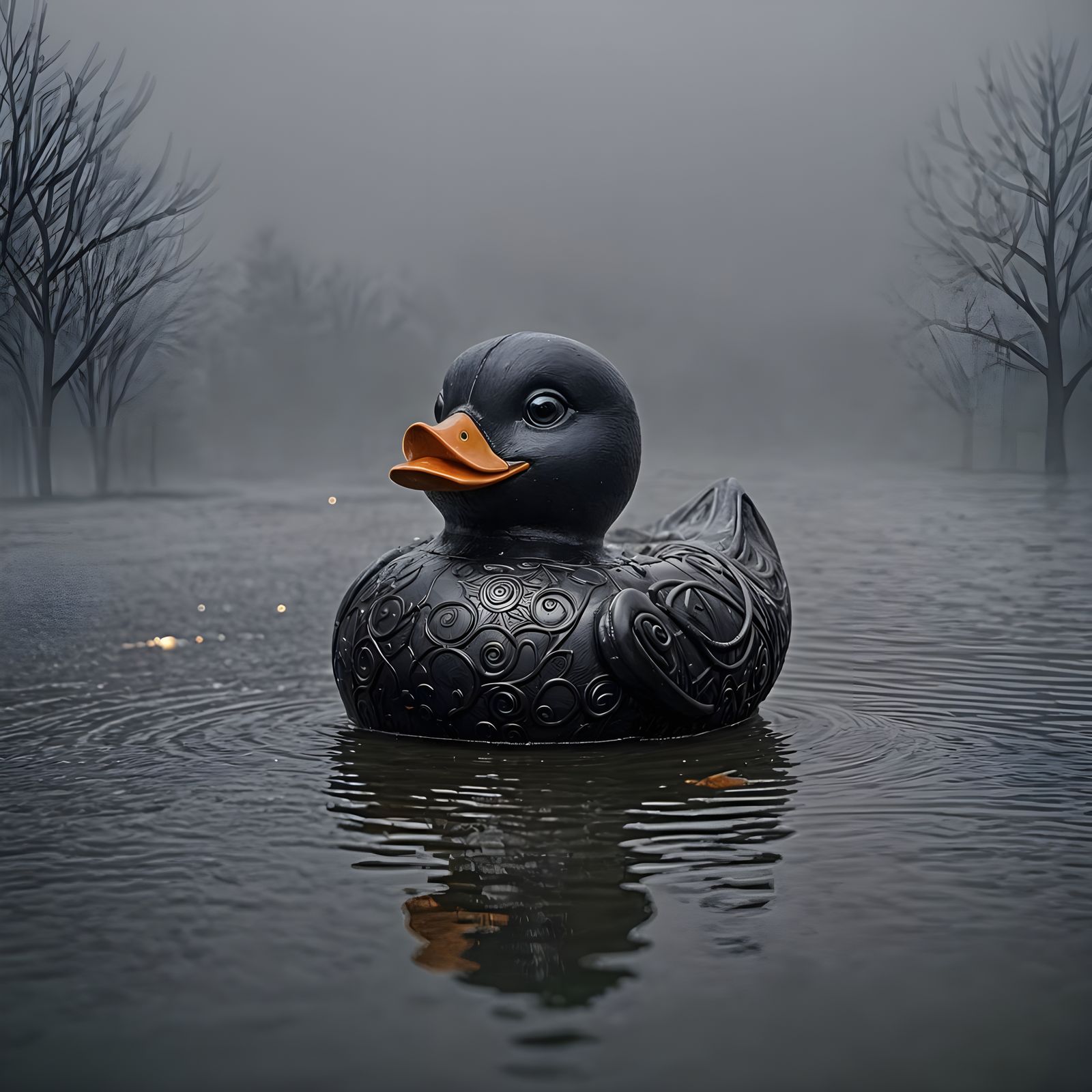 Ominous Black Rubber Duck with Red Eyes