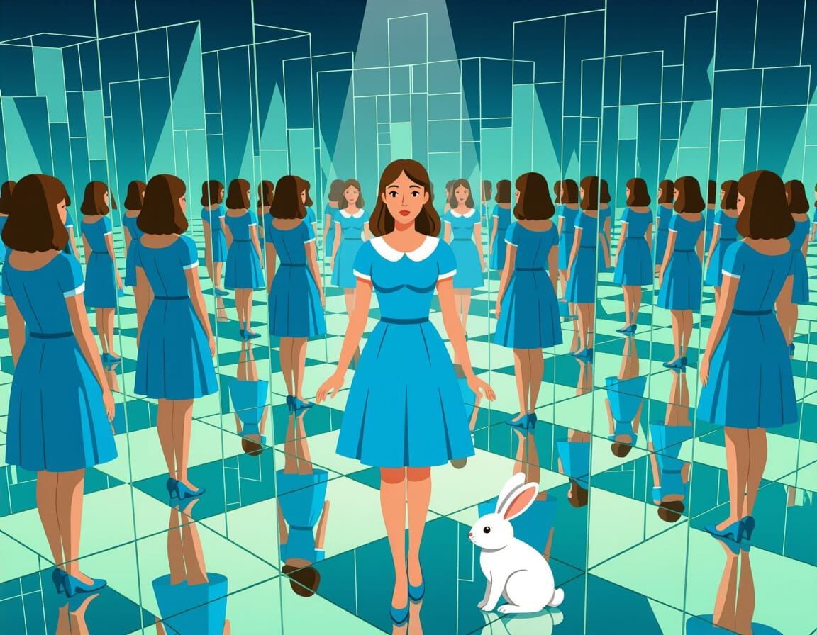 Woman Trapped in Mirror Maze Guided by White Rabbit