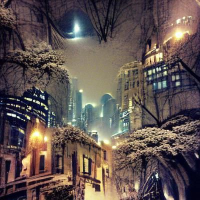 Mystical Snowy City Nightscape