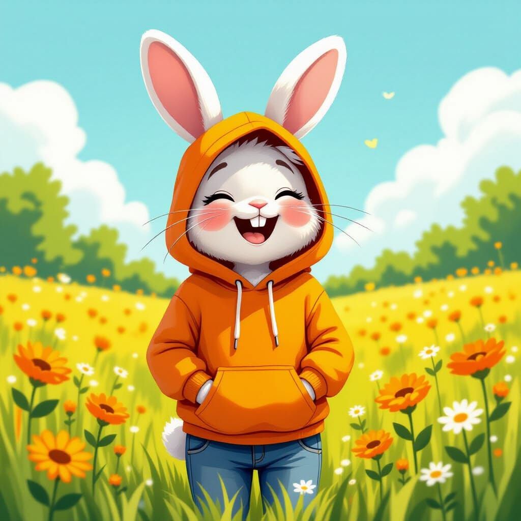 Laughing Bunny in Sunny Meadow, Whimsical Illustration
