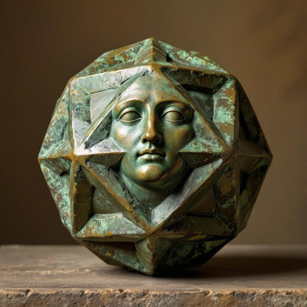 Roman Bronze Dodecahedron Sculpture with Golden Patina