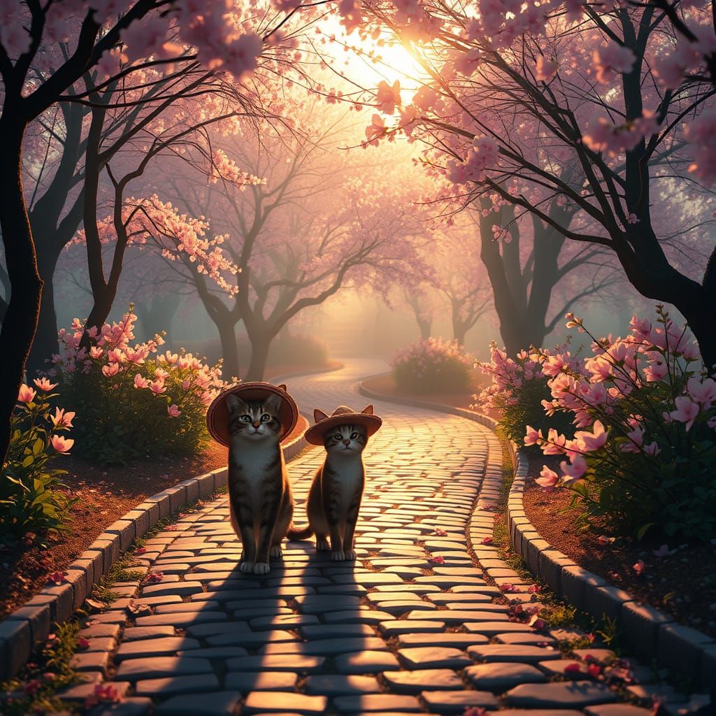 Cherry Blossom Park with Cats in Sombreros